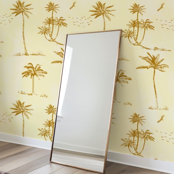 Art Deco Wallpaper with Palms & Birds - Elegant Beige Yellow Embroidered Design for Stylish Home Decor