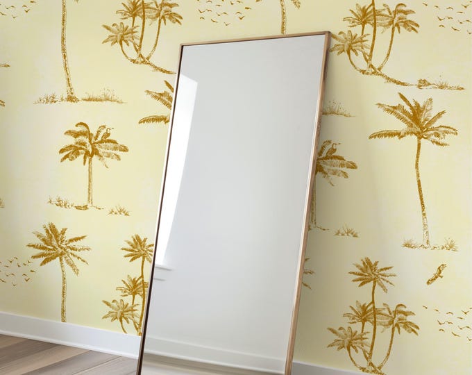 Tropical Palm Wallpaper with Birds, Beige & Gold Botanical Design, Pre-Cut Paper Sheets, Paste-the-Wall for Living Room Bedroom