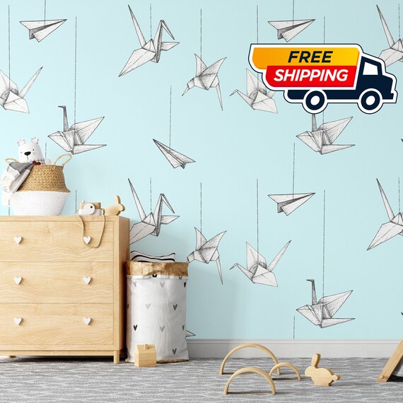 Origami Airplanes Nursery Wallpaper, Airplane Flying Playroom Wall Decor, Kids Mural with clouds, Boy Room Wall Art