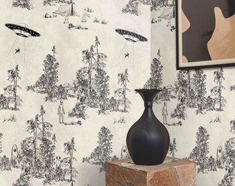 Alien Abduction Toile de Jouy Wallpaper in Black, Sci-Fi Vintage Wallpaper with UFO Scenes for Living Room