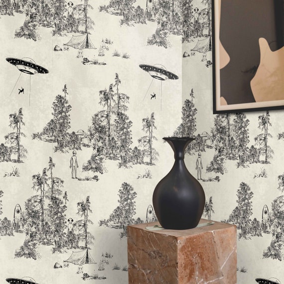 Alien Abduction Toile de Jouy Wallpaper, UFO & Sci-Fi Scenes Wall Decor in Classic Black and White Design, Eco-Friendly