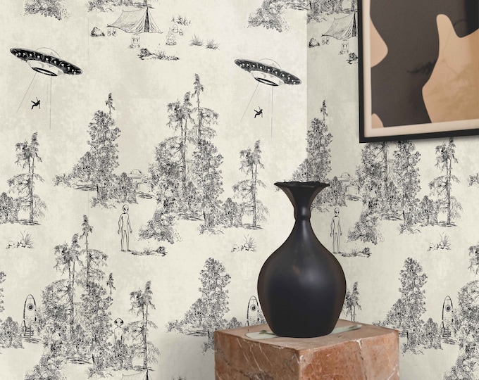 Alien Abduction Toile de Jouy Wallpaper in Black, Sci-Fi Vintage Wallpaper with UFO Scenes for Living Room