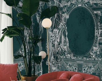 Engraved Neoclassical Wallpaper - Vintage 1882 Allegorical Mural, Classical Antique Wall Art, Neoclassical Frame Design