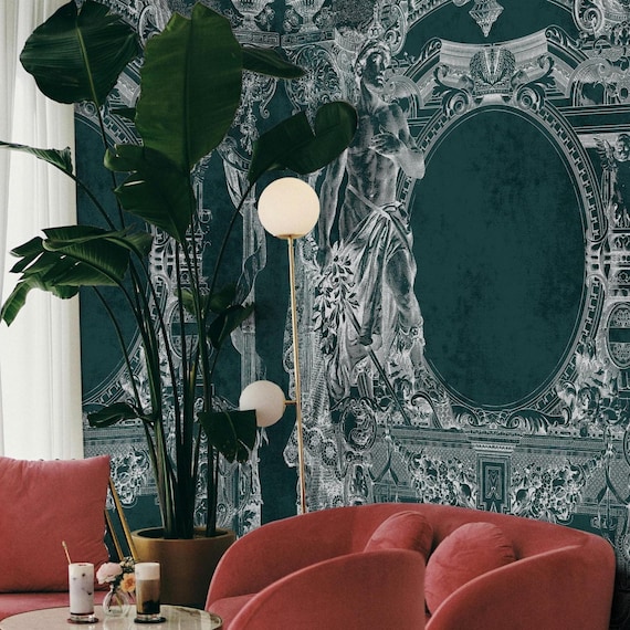 Engraved Neoclassical Wallpaper - Vintage 1882 Allegorical Mural, Classical Antique Wall Art, Neoclassical Frame Design