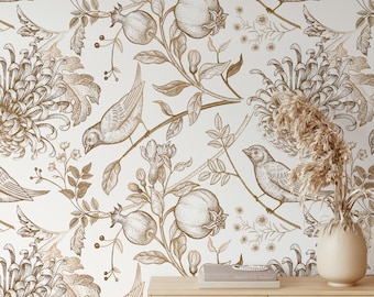 Vintage Japanese Chrysanthemum Flowers Wallpaper with pomegranates, branches, leaves and birds