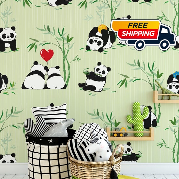 Kids Room Wallpaper with Cute Pandas and Bamboo Trees, Panda Wall Art