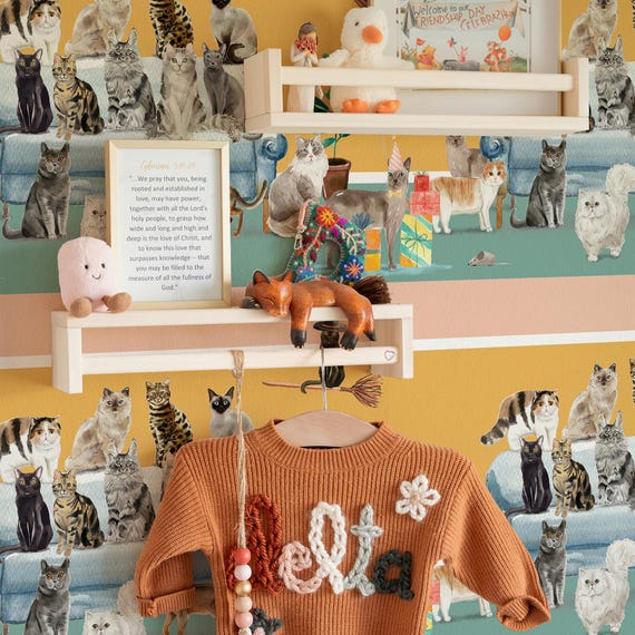 Cats Wallpaper Cute and Curious Cat Design for Nursery, Kids Room, Pet Lovers’ Decor, Playful Kitten Pattern, Easy Peel & Stick Wallcovering