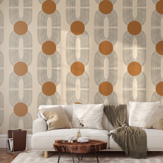 Light Beige Art Deco Wallpaper, Earth Tone Retro Wall Decor, Grunge Wall Art