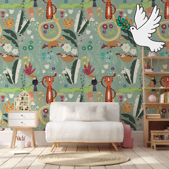 Kids' Tropical Forest Wallpaper, Tigers, Toucans, Monkeys, and Sloths, Green Background