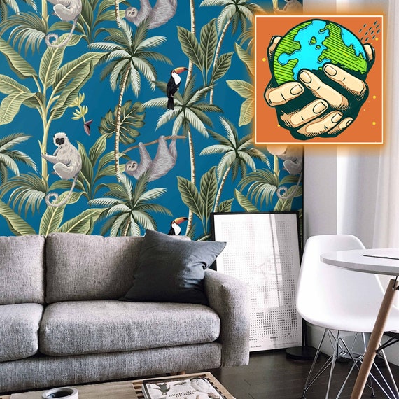 Tropical Forest Jungle Wallpaper for Nursery or Kids Room Decor with Blue Background