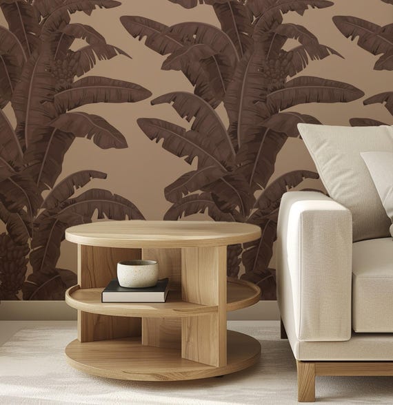 Brown Banana Leaves Wallpaper on Beige, Tropical Vertical Leaf Pattern, Botanical Wall Decor, Nature-Inspired Accent Wallpaper