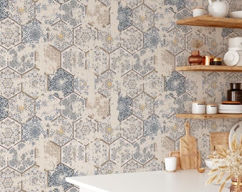 Kitchen Wallpaper with Mosaic Stone Tiles, Temporary Talavera Tile Wall Decor with Blue and Red Texture