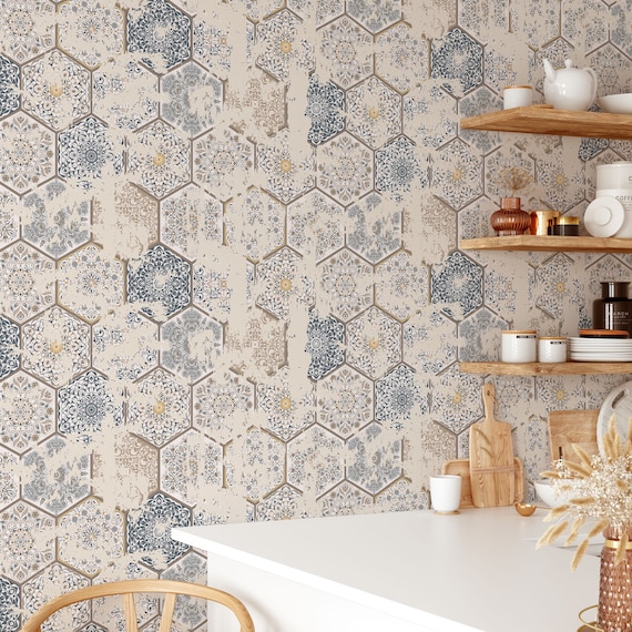 Kitchen Wallpaper with Mosaic Stone Tiles, Temporary Talavera Tile Wall Decor with Blue and Red Texture