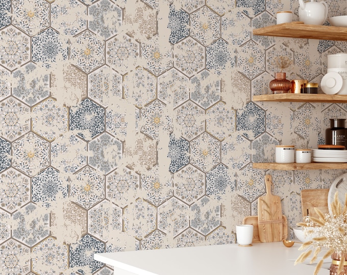 Kitchen Wallpaper with Mosaic Stone Tiles, Temporary Talavera Tile Wall Decor with Blue and Red Texture