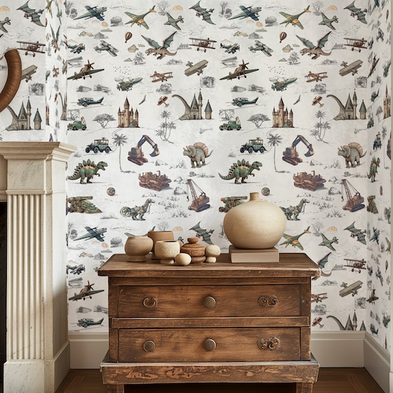 Dreamscape Wallpaper: Vintage Vehicles & Dinosaur Adventures, Enchanted Journey Wallpaper, Steam Punk Kid's Room
