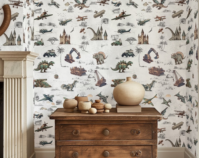 Dreamscape Wallpaper: Vintage Vehicles & Dinosaur Adventures, Enchanted Journey Wallpaper, Steam Punk Kid's Room