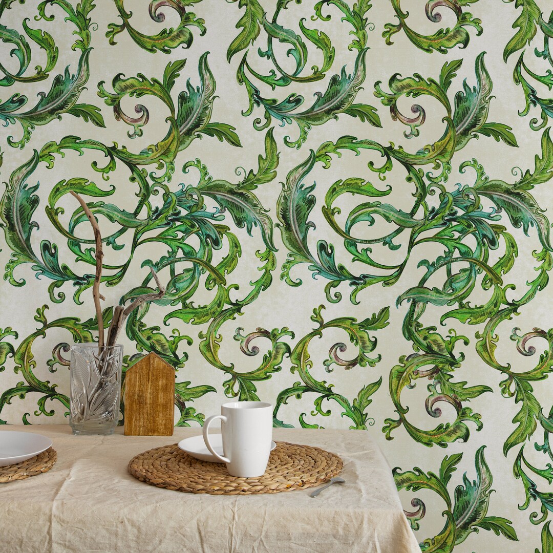 Cottage Wallpaper in Arts and Crafts Style, Sage Green Wall Art ...