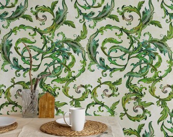 Cottage Wallpaper in Arts and Crafts Style, Sage Green Wall Art, Country Chic Vintage Floral Victorian Decor
