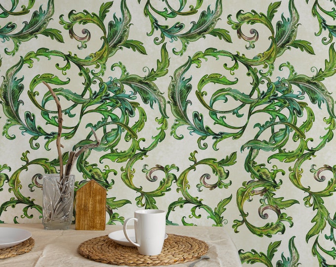 Cottage Wallpaper in Arts and Crafts Style, Sage Green Wall Art, Country Chic Vintage Floral Victorian Decor