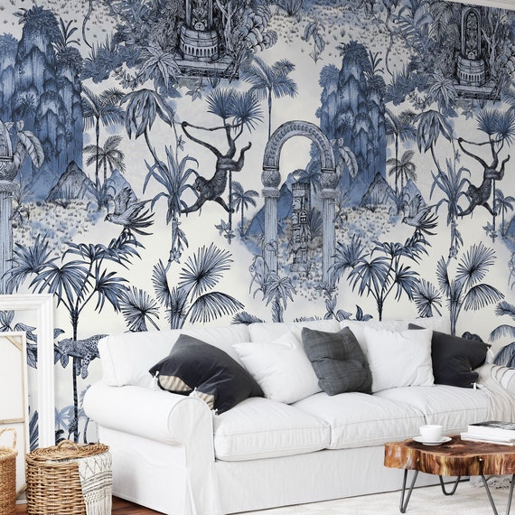 Extra Large Jungle Tropical Rainforest Wallpaper with Monkeys and Jaguar, Vintage Blue Tropical Leaves Wall Decor