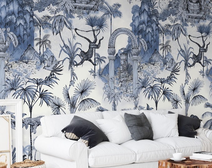 Extra Large Jungle Wallpaper, Tropical Rainforest Wallpaper with Monkey and Jaguar, Vintage Blue Tropical Leaves Wall Decor