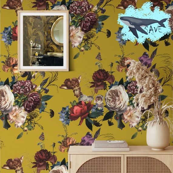 Mustard Yellow Background Flemish Style Floral Wallpaper - Elegant and Timeless Wall Decor for a Vibrant Statement