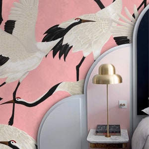 Pink Heron Wallpaper, Luxury Wallpaper with Asian Birds, Popular Design Wall Decor, Vintage Crane Removable Wallpapering