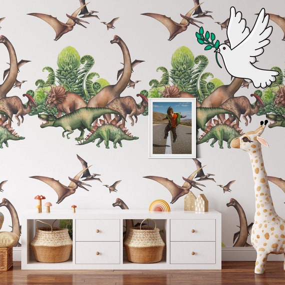 Dinosaur Theme Wall Mural, White and Green Dino Watercolor Nursery Wallpaper