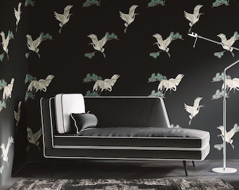 Japanese Print Chinoiserie Birds Wallpaper, Black Asian Cranes Dark Decor