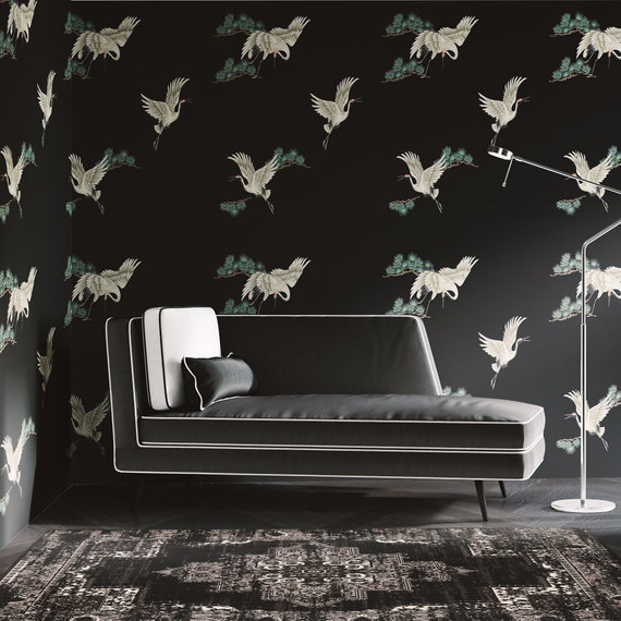 Japanese Print Chinoiserie Birds Wallpaper, Black Asian Cranes Dark Decor