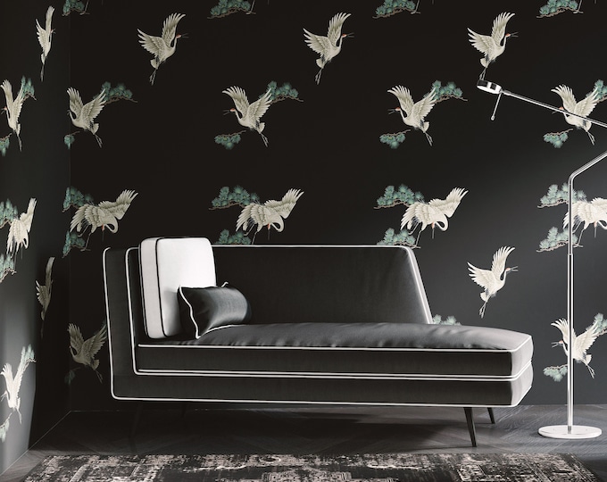 Japanese Print Chinoiserie Birds Wallpaper, Black Asian Cranes Dark Decor