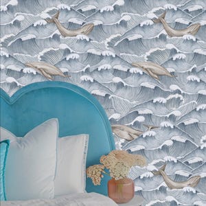 Carta da Parati Mare Vintage con Onde e Balene in Stile Giapponese bianca e blu