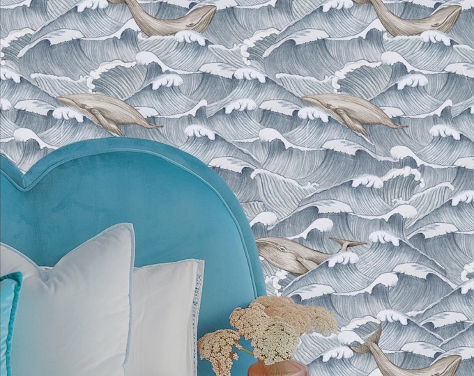 Vintage Whale and Waves Wallpaper in Blue and White, Retro Wave Ocean Wall Decor, Marine Wall Art