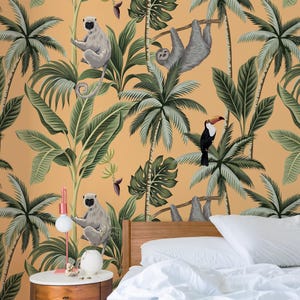 PERSONALIZZATA Carta da Parati Jungla Tropicale con Scimmie e Pappagalli