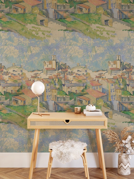 Impressionist Painting Landscape Wallpaper, Watercolor Village Artistic Wall Decor