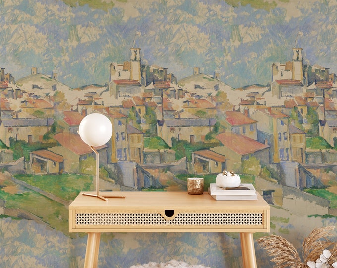 Impressionist Painting Landscape Wallpaper, Watercolor Village Artistic Wall Decor