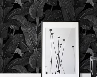Black Banana Leaf Wallpaper - Triple Black Tropical Wall Art, Eco-Chic Italian Design, Dark Botanical Wall Decor