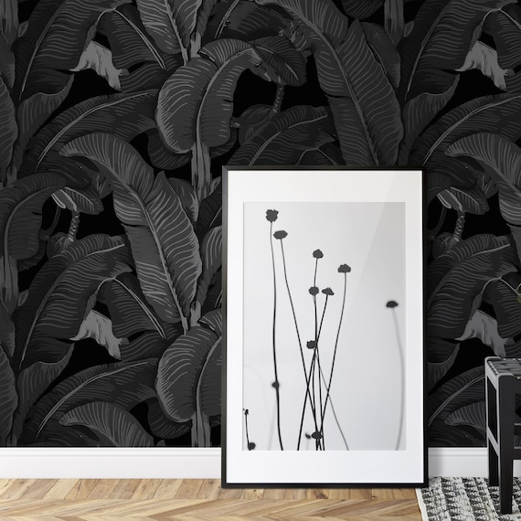 Black Banana Leaf Wallpaper - Triple Black Tropical Wall Art, Eco-Chic Italian Design, Dark Botanical Wall Decor