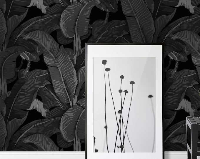 Black Banana Leaf Wallpaper - Triple Black Tropical Wall Art, Eco-Chic Italian Design, Dark Botanical Wall Decor