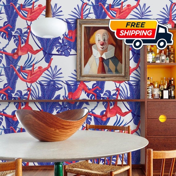 Monkey Decor Safari Wallpaper, Colorful Wallpaper for Tropical Themed Kids Room