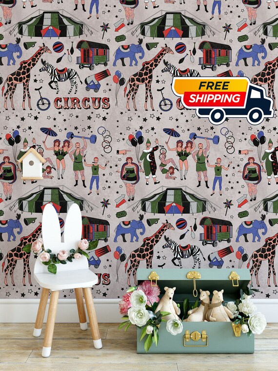 Circus Themed Kids Wallpaper, Children Room Circus Theme with soft color wallpaper, Circus Vintage Wallpaper