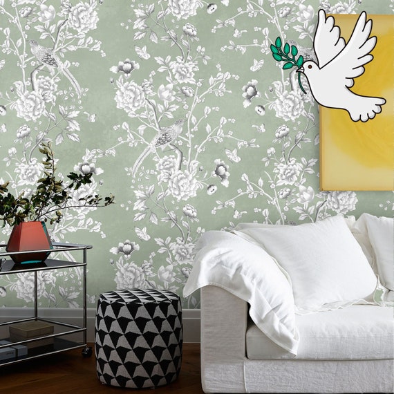 Chinoiserie Art Asian Wallpaper, Country House Wall Decor, Birds and Butterfly Art