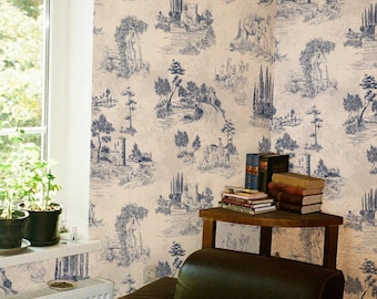 Vintage Monochrome Landscape Wallpaper - Classic French Toiles Wall Covering for Elegant Home Decor