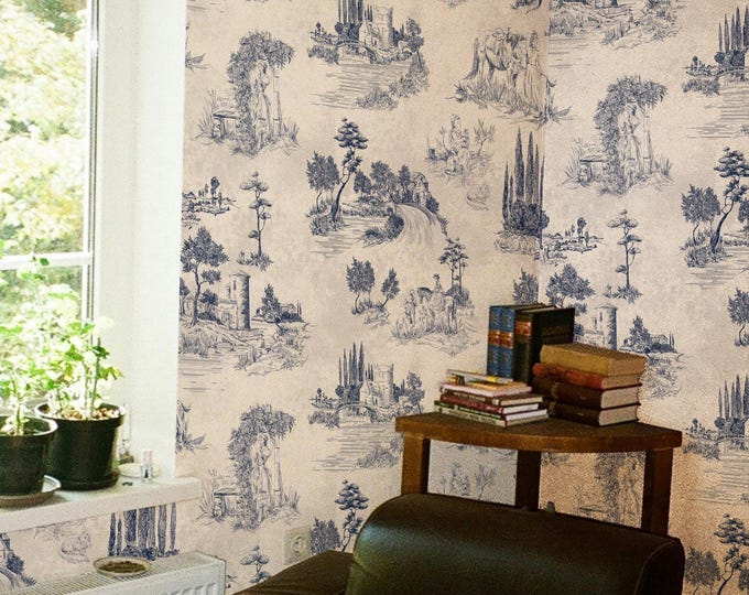 Vintage Monochrome Landscape Wallpaper - Classic French Toiles Wall Covering for Elegant Home Decor