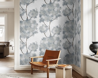 Blue Botanical Tree Wallpaper, Scandinavian Woodland Pattern, Soft Watercolor Foliage for Living Room Bedroom