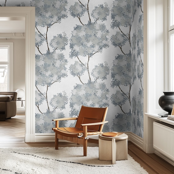 Blue Botanical Tree Wallpaper, Large Foliage Forest Wall Decor for Living Room, Bedroom, Nature-Inspired Accent, Blue Green Leaves Mural