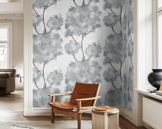 Blue Botanical Tree Wallpaper, Scandinavian Woodland Pattern, Soft Watercolor Foliage for Living Room Bedroom