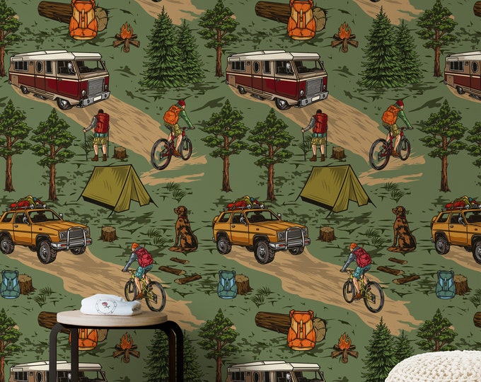 Outdoor Trekking Camping Wallpaper, Wild Nature Trees Wall Decor, Woodland Wall Art