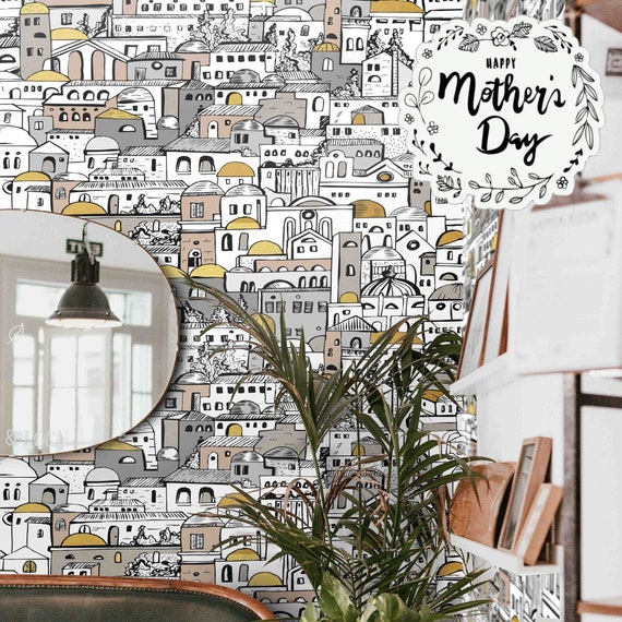DIY Mediterranean Cityscape Wallpaper, Black and White Living Room Decor, Vintage Print for Hallway Wall