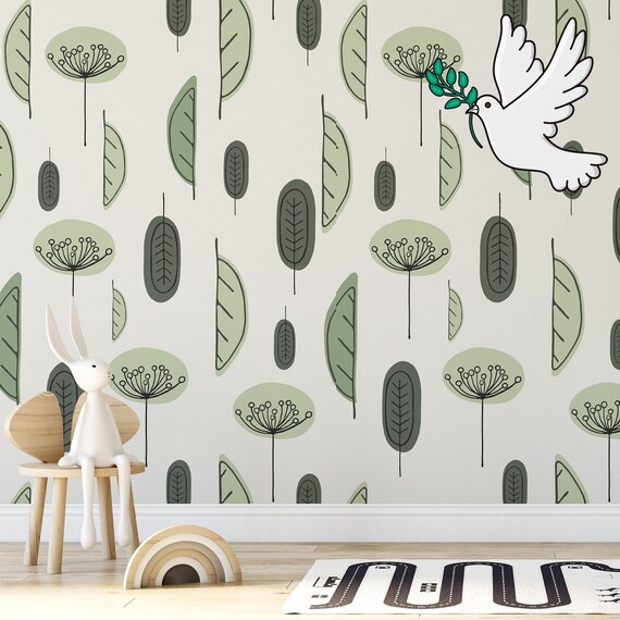 Green Leaves Abstract Wallpaper, Pastel Wallpaper for Kids, Forest Nursery Simple Wall Decoration